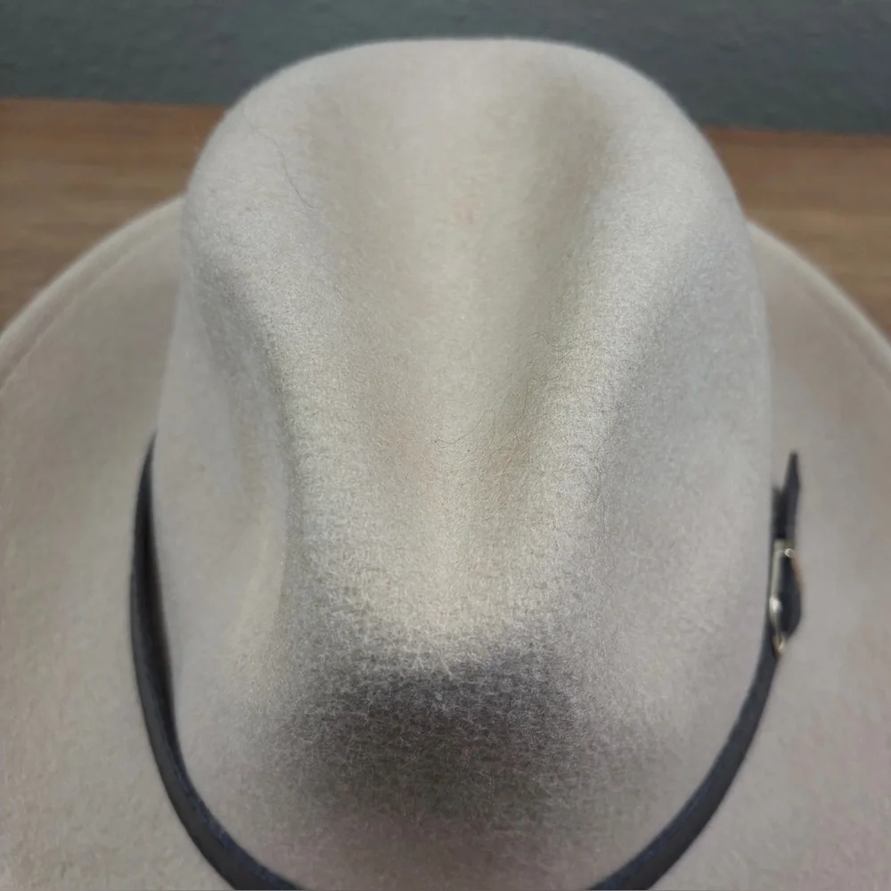 Fedora Classic Unisex Beige Adjustable Wool Hat, with Buckle Brown Trim